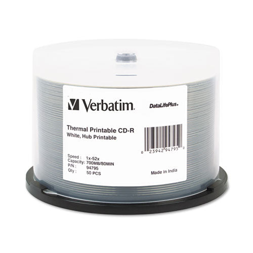 CD-R DataLifePlus Printable Recordable Disc, 700 MB/80 min, 52x, Spindle, Hub Printable, White, 50/Pack-(VER94795)