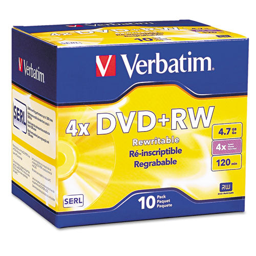 DVD+RW Rewritable Disc, 4.7 GB, 4x, Slim Jewel Case, Silver, 10/Pack-(VER94839)