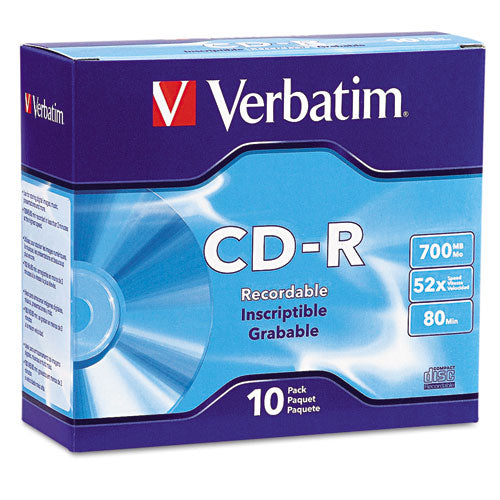 CD-R Recordable Disc, 700 MB/80 min, 52x, Slim Jewel Case, Silver, 10/Pack-(VER94935)