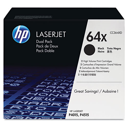 HP 64X, (CC364X-D) 2-Pack High-Yield Black Original LaserJet Toner Cartridges-(HEWCC364XD)