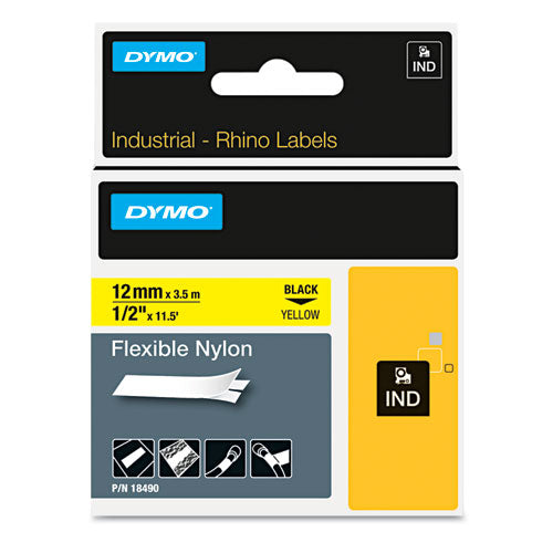 Rhino Flexible Nylon Industrial Label Tape, 0.5" x 11.5 ft, Yellow/Black Print-(DYM18490)