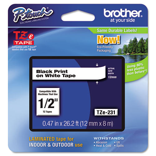 TZe Standard Adhesive Laminated Labeling Tape, 0.47" x 26.2 ft, Black on White-(BRTTZE231)