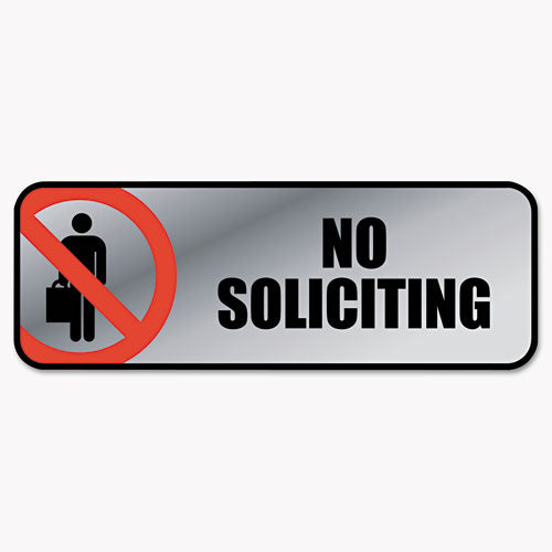 Brushed Metal Office Sign, No Soliciting, 9 x 3, Silver/Red-(COS098208)