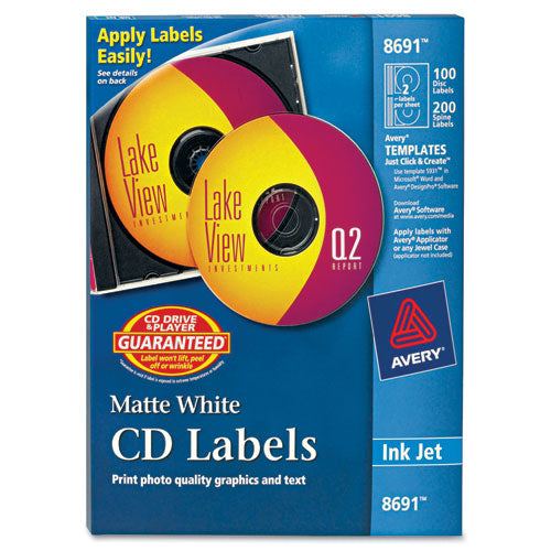 Inkjet CD Labels, Matte White, 100/Pack-(AVE8691)