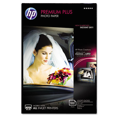 Premium Plus Photo Paper, 11.5 mil, 4 x 6, Soft-Gloss White, 100/Pack-(HEWCR666A)