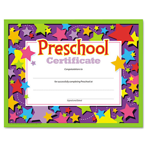 Colorful Classic Certificates, Preschool Diploma, 11 x 8.5, Horizontal Orientation, Assorted Colors, 30/Pack-(TEPT17006)