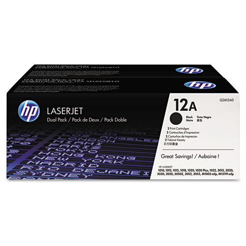 HP 12A, (Q2612D) 2-Pack Black Original LaserJet Toner Cartridges-(HEWQ2612D)
