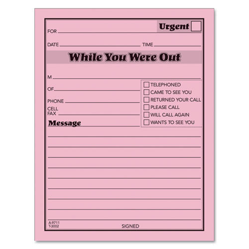 Pink Message Pad, One-Part (No Copies), 4.25 x 5.5, 50 Forms/Pad, 12 Pads/Pack-(TOP3002P)