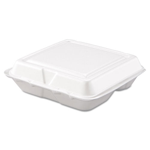 Foam Hinged Lid Containers, 3-Compartment, 7.5 x 8 x 2.3, White, 200/Carton-(DCC80HT3R)