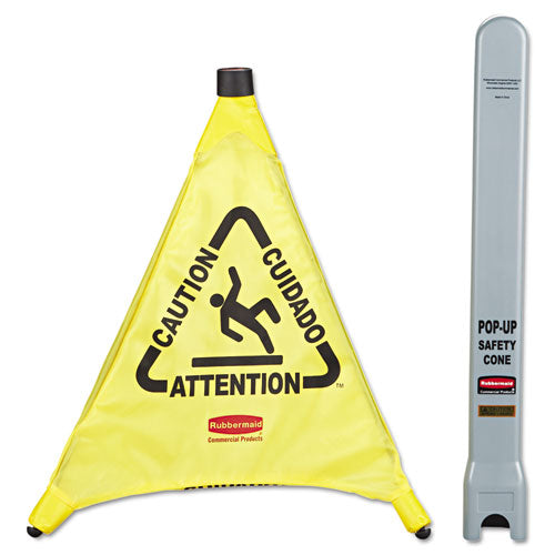 Multilingual Pop-Up Safety Cone, 3-Sided, Fabric, 21 x 21 x 20, Yellow-(RCP9S00YEL)