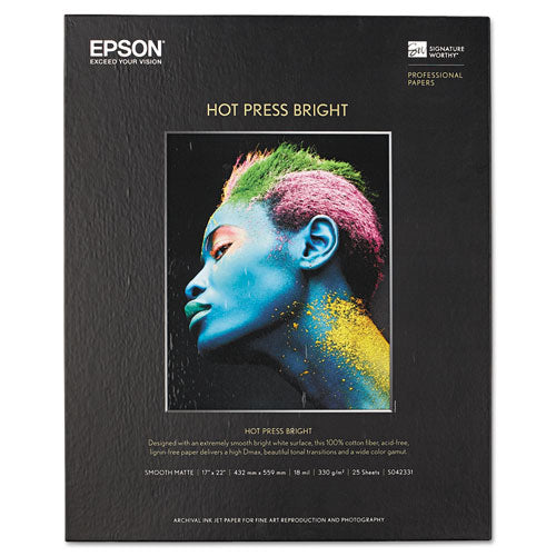 Hot Press Bright Fine Art Paper, 17 mil, 17 x 22, Smooth Matte White, 25/Pack-(EPSS042331)