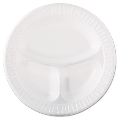 Quiet Class Laminated Foam Dinnerware, Plates, 3-Compartment, 10.25" dia, White, 125/Pack, 4 Packs/Carton-(DCC10CPWQR)