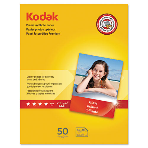 Premium Photo Paper, 8.5 mil, 8.5 x 11, Glossy White, 50/Pack-(KOD8360513)