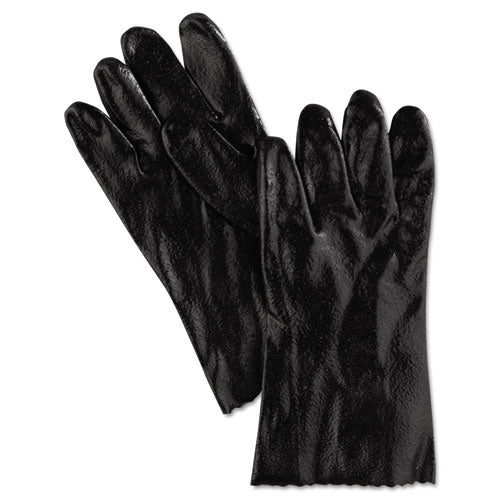 Single Dipped PVC Gloves, Rough, Interlock Lined, 12" Long, Large, Black, 12 Pair-(MPG6212R)