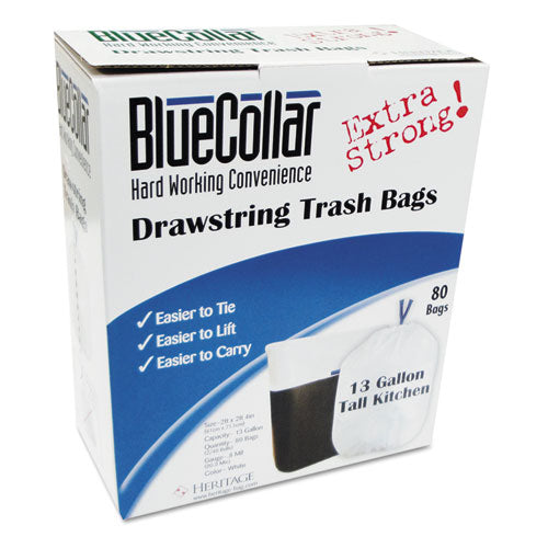 Drawstring Trash Bags, 13 gal, 0.8 mil, 24" x 28", White, 40 Bags/Roll, 2 Rolls/Box-(HERN4828EWRC1)