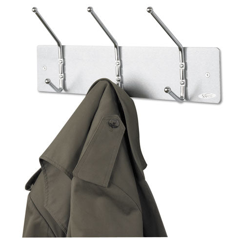 Metal Wall Rack, Three Ball-Tipped Double-Hooks, Metal, 18w x 3.75d x 7h, Satin-(SAF4161)