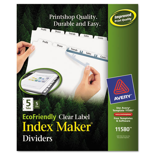 Index Maker EcoFriendly Print and Apply Clear Label Dividers with White Tabs, 5-Tab, 11 x 8.5, White, 5 Sets-(AVE11580)