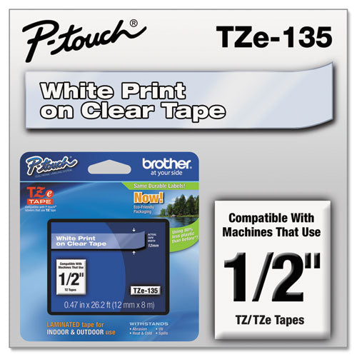 TZe Standard Adhesive Laminated Labeling Tape, 0.47" x 26.2 ft, White on Clear-(BRTTZE135)
