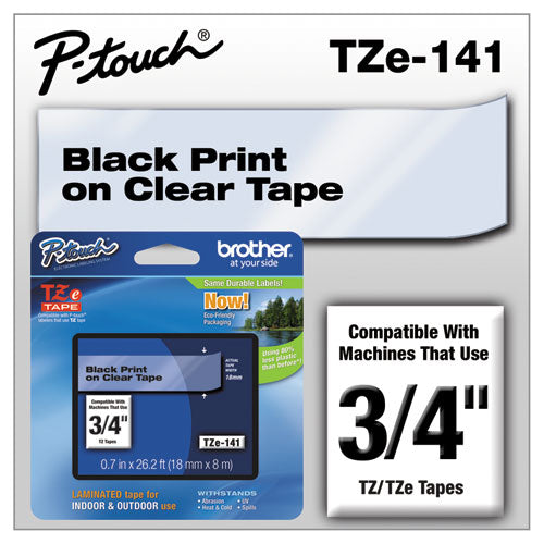 TZe Standard Adhesive Laminated Labeling Tape, 0.7" x 26.2 ft, Black on Clear-(BRTTZE141)