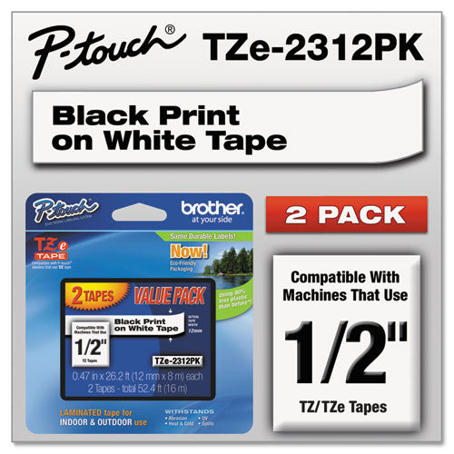 TZe Standard Adhesive Laminated Labeling Tapes, 0.47" x 26.2 ft, Black on White, 2/Pack-(BRTTZE2312PK)