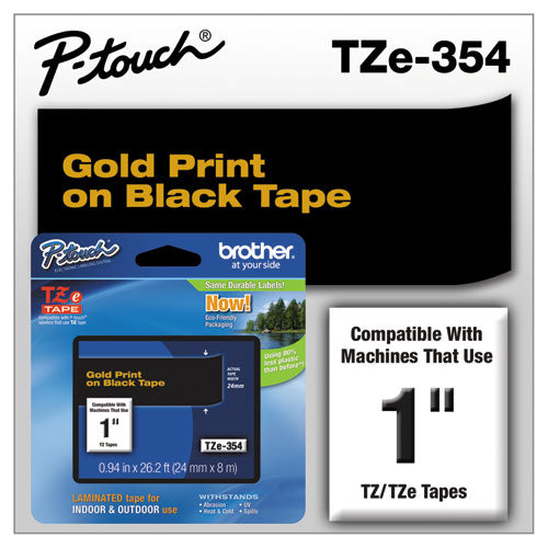 TZe Standard Adhesive Laminated Labeling Tape, 0.94" x 26.2 ft, Gold on Black-(BRTTZE354)