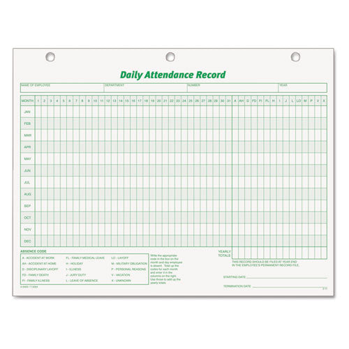 Daily Attendance Card, One-Part (No Copies), 11 x 8.5, 50 Forms Total-(TOP3284)