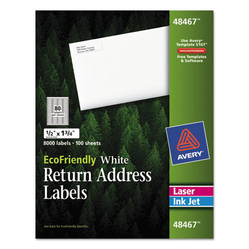 EcoFriendly Mailing Labels, Inkjet/Laser Printers, 0.5 x 1.75, White, 80/Sheet, 100 Sheets/Pack-(AVE48467)
