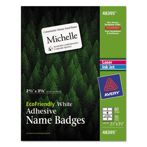 EcoFriendly Adhesive Name Badge Labels, 3.38 x 2.33, White, 80/Pack-(AVE48395)