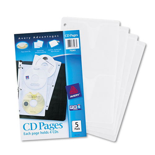 Two-Sided CD Organizer Sheets for Three-Ring Binder, 4 Disc Capacity, Clear, 5/Pack-(AVE75263)