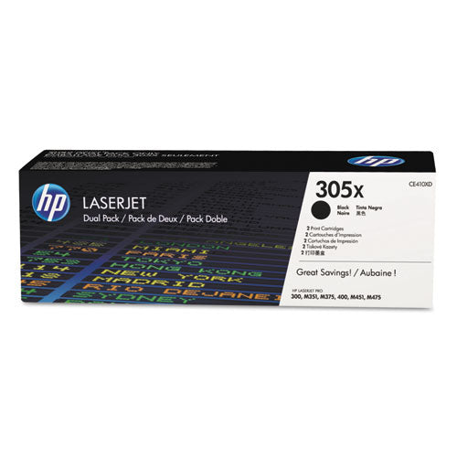 HP 305X, (CE410X-D) 2-Pack High-Yield Black Original LaserJet Toner Cartridges-(HEWCE410XD)