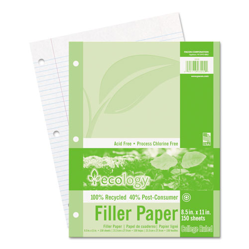 Ecology Filler Paper, 3-Hole, 8.5 x 11, Medium/College Rule, 150/Pack-(PAC3202)