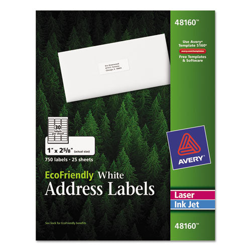 EcoFriendly Mailing Labels, Inkjet/Laser Printers, 1 x 2.63, White, 30/Sheet, 25 Sheets/Pack-(AVE48160)