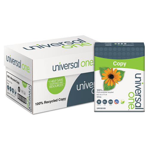 100% Recycled Copy Paper, 92 Bright, 20 lb Bond Weight, 8.5 x 11, White, 500 Sheets/Ream, 10 Reams/Carton-(UNV20100)