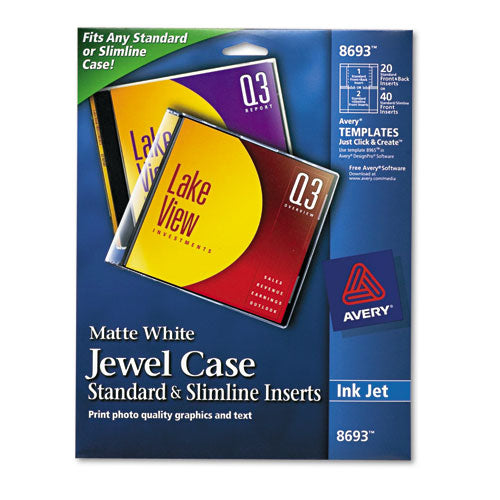 Inkjet CD/DVD Jewel Case Inserts, Matte White, 20/Pack-(AVE8693)