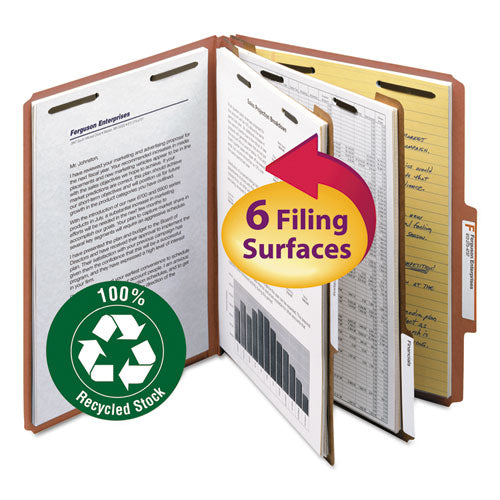 Recycled Pressboard Classification Folders, 2" Expansion, 2 Dividers, 6 Fasteners, Letter Size, Red Exterior, 10/Box-(SMD14024)