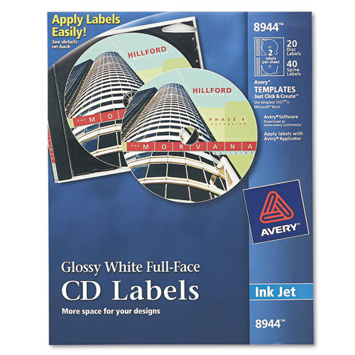 Inkjet Full-Face CD Labels, Glossy White, 20/Pack-(AVE8944)