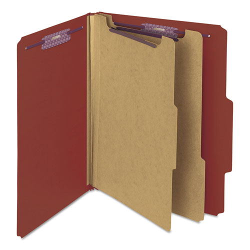 Pressboard Classification Folders, Six SafeSHIELD Fasteners, 2/5-Cut Tabs, 2 Dividers, Letter Size, Red, 10/Box-(SMD14075)