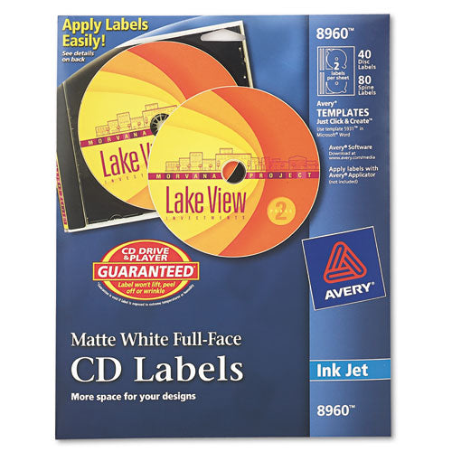 Inkjet Full-Face CD Labels, Matte White, 40/Pack-(AVE8960)
