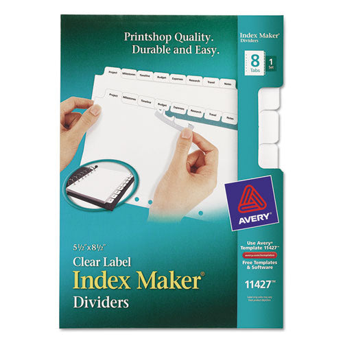 Print and Apply Index Maker Clear Label Dividers with Label Strip/White Tabs, 7-Hole Punched, 8-Tab, 8.5 x 5.5, White, 1 Set-(AVE11427)