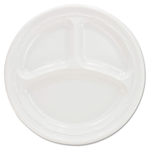 Plastic Plates, 3-Compartment, 9" dia, White, 125/Pack, 4 Packs/Carton-(DCC9CPWF)