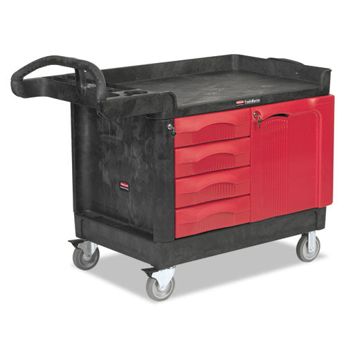 TradeMaster Cart with One Door, Plastic, 3 Shelves, 4 Drawers, 750 lb Capacity, 26.25" x 49" x 38", Black-(RCP453388BLA)