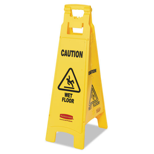 Caution Wet Floor Sign, 4-Sided, 12 x 16 x 38, Yellow-(RCP611477YEL)