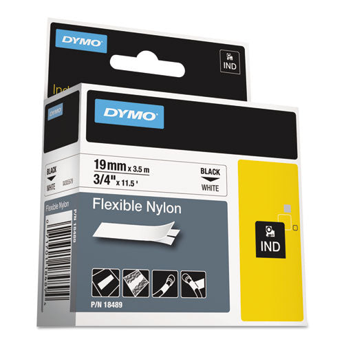 Rhino Flexible Nylon Industrial Label Tape, 0.75" x 11.5 ft, White/Black Print-(DYM18489)