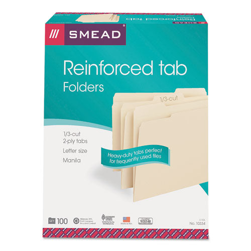 Reinforced Tab Manila File Folders, 1/3-Cut Tabs: Assorted, Letter Size, 0.75" Expansion, 11-pt Manila, 100/Box-(SMD10334)