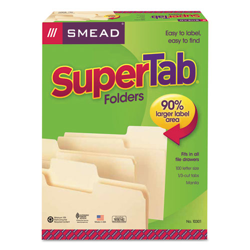SuperTab Top Tab File Folders, 1/3-Cut Tabs: Assorted, Letter Size, 0.75" Expansion, 11-pt Manila, 100/Box-(SMD10301)
