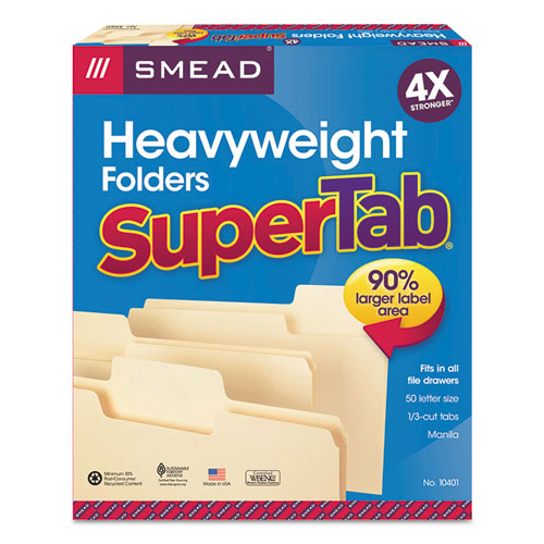 SuperTab Top Tab File Folders, 1/3-Cut Tabs: Assorted, Letter Size, 0.75" Expansion, 14-pt Manila, 50/Box-(SMD10401)