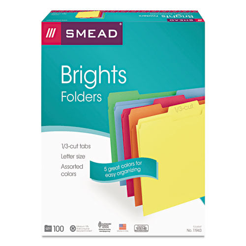 Colored File Folders, 1/3-Cut Tabs: Assorted, Letter Size, 0.75" Expansion, Assorted: Blue/Green/Orange/Red/Yellow, 100/Box-(SMD11943)