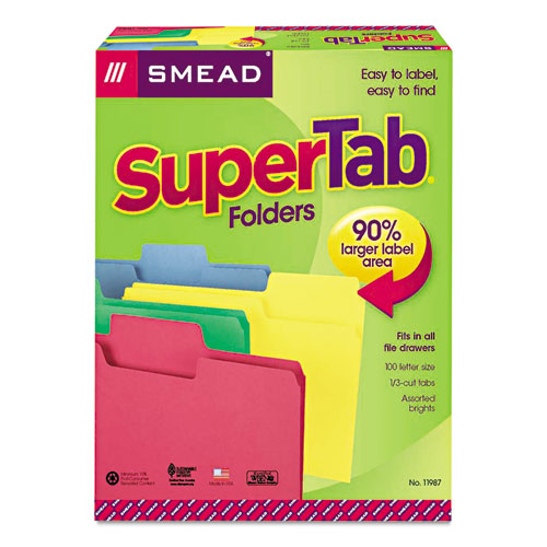 SuperTab Colored File Folders, 1/3-Cut Tabs: Assorted, Letter Size, 0.75" Expansion, 11-pt Stock, Color Assortment 1, 100/Box-(SMD11987)