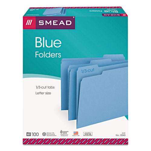 Colored File Folders, 1/3-Cut Tabs: Assorted, Letter Size, 0.75" Expansion, Blue, 100/Box-(SMD12043)