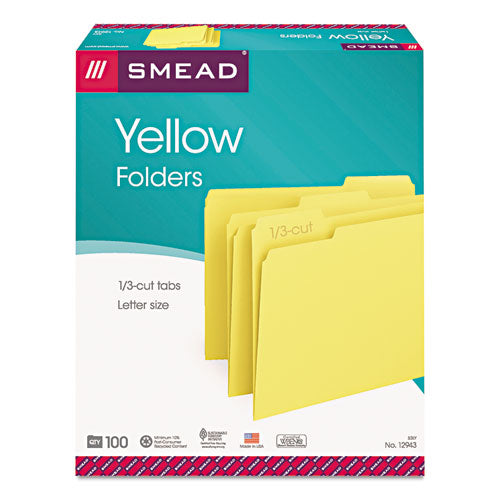 Colored File Folders, 1/3-Cut Tabs: Assorted, Letter Size, 0.75" Expansion, Yellow, 100/Box-(SMD12943)